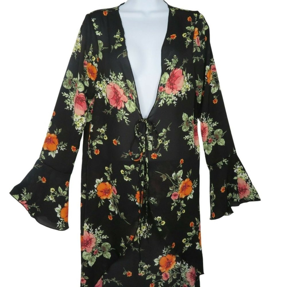 Vintage 90s Discovery Clothing Open Front Cardigan S Sheer Floral Hi Lo Duster